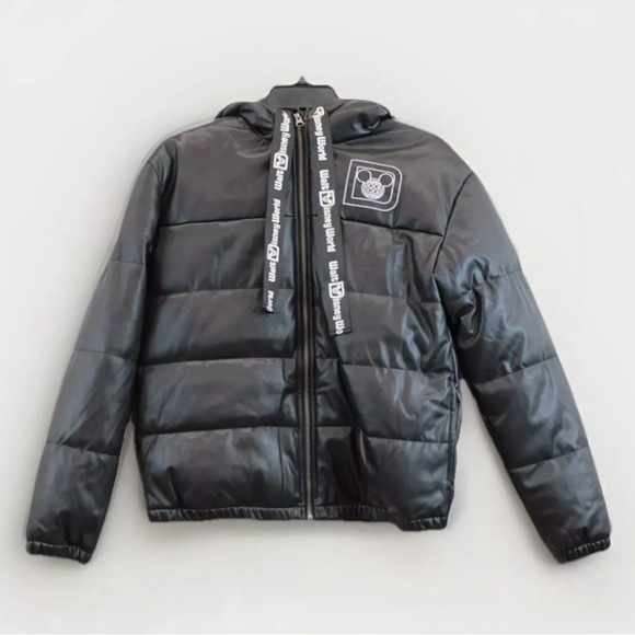 Disney Parks Walt Disney World Black Puffy Puffer Jacket Faux Leather Size XL - Picture 3 of 6